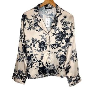 Nasty Gal Womens Satin Floral Pajama Top Sz Small Champagne LS Button Up NWT